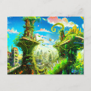 Futuristic Colourful Plant City, AI Generated Art Postcard