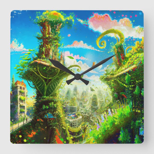 Futuristic Colourful Plant City, AI Generated Art Square Wall Clock (Front)