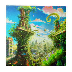 Futuristic Colourful Plant City, AI Generated Art Tile