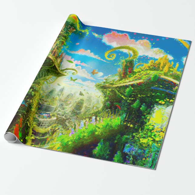 Futuristic Colourful Plant City, AI Generated Art Wrapping Paper (Unrolled)