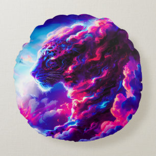 Futuristic Cosmic Neon Leopard  Round Cushion