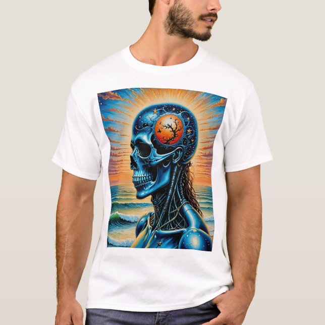 Futuristic Cosmic Skull Art T-Shirt Ocean Sunset (Front)