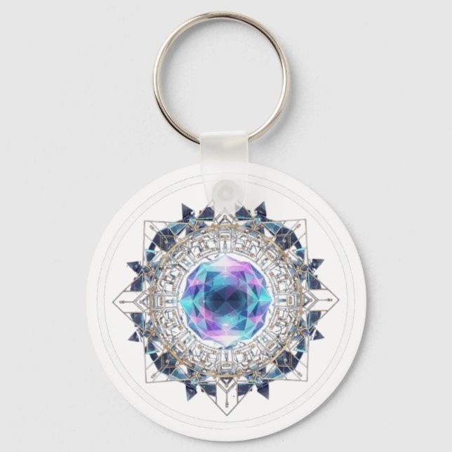 Futuristic Crystal Mandala – Geometric Tech Art Key Ring (Front)