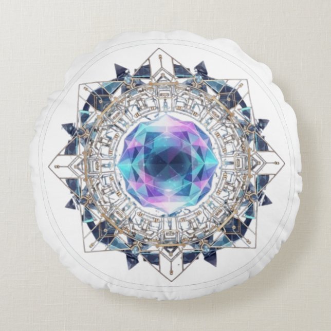 Futuristic Crystal Mandala – Geometric Tech Art Round Cushion (Front)