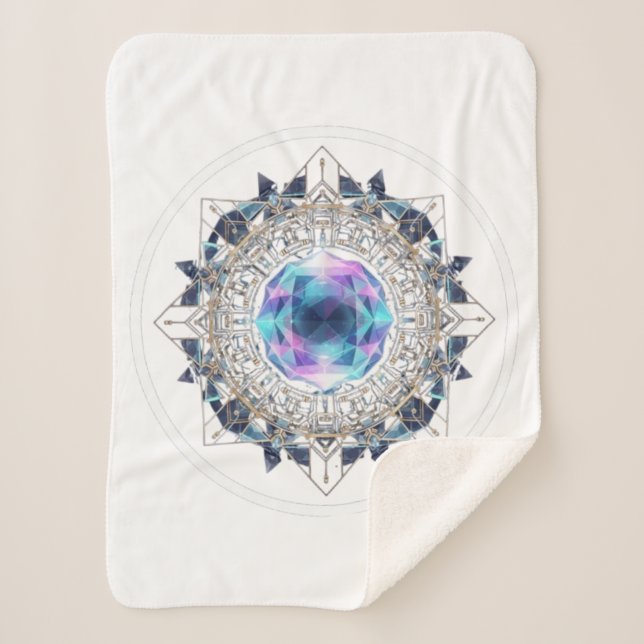 Futuristic Crystal Mandala – Geometric Tech Art Sherpa Blanket (Front)