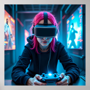 "Futuristic Cyber Gamer with AR Visor AI Poster