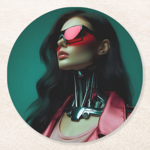 futuristic cybernetic woman round paper coaster