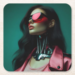 futuristic cybernetic woman square paper coaster