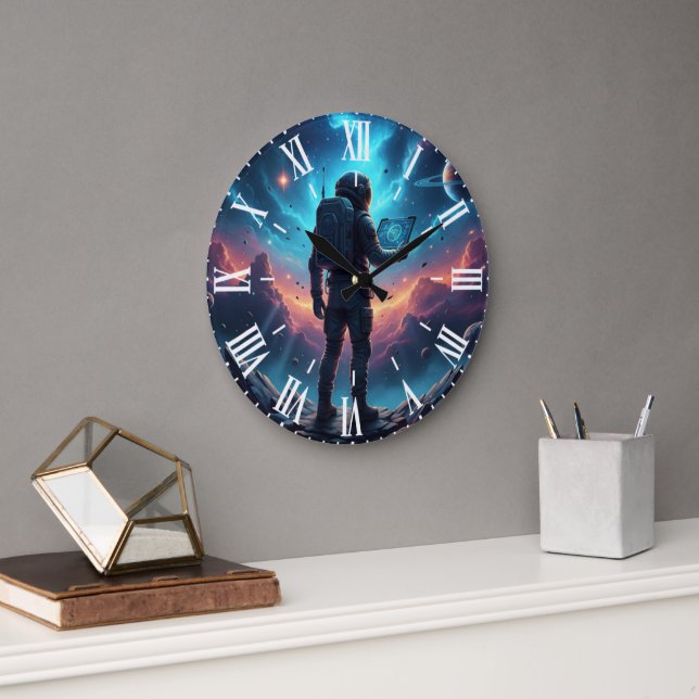 Futuristic Cyberpunk Astronaut Nebula Space Unique Large Clock (Office)