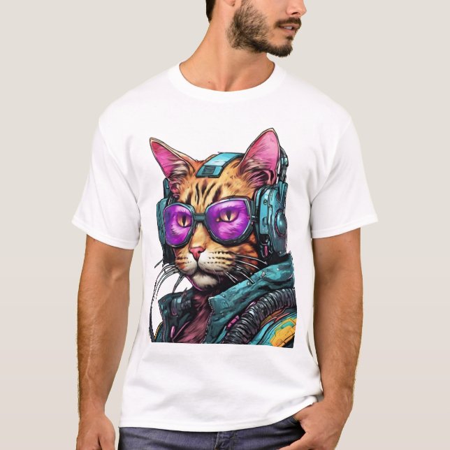 Futuristic Cyberpunk Cat T-Shirt (Front)