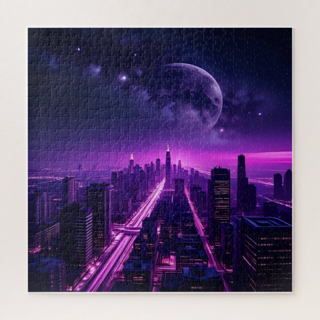 Futuristic Cyberpunk City at Night – Neon Purple Jigsaw Puzzle (Vertical)