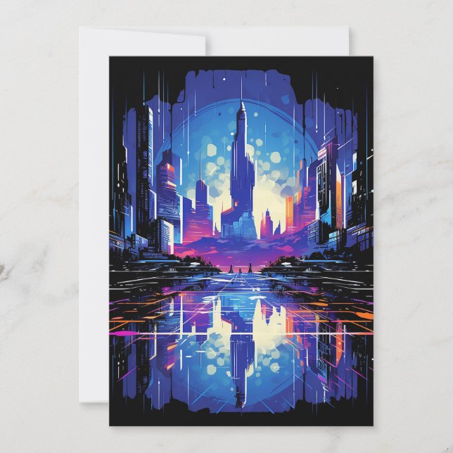 Futuristic Cyberpunk City Skyline Holiday Card (Front)