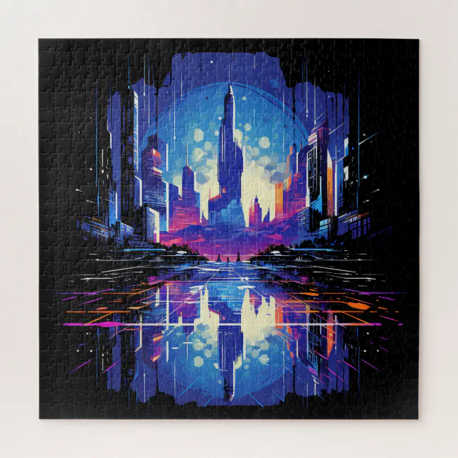 Futuristic Cyberpunk City Skyline Jigsaw Puzzle | Zazzle