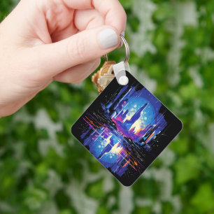 Futuristic Cyberpunk City Skyline Key Ring