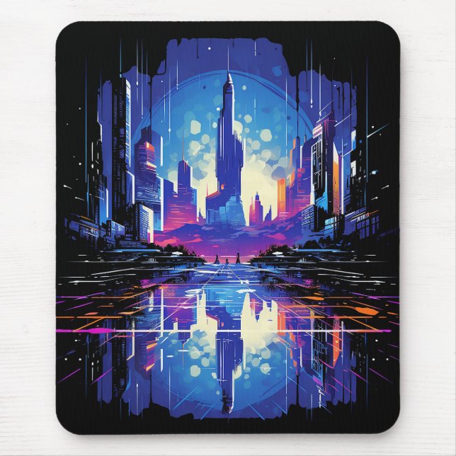 Futuristic Cyberpunk City Skyline Mouse Mat (Front)