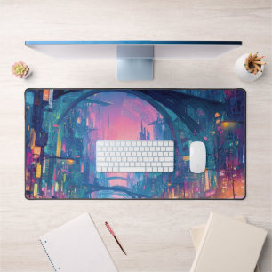 Futuristic Cyberpunk Cityscape with Glowing Arches Desk Mat