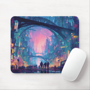 Futuristic Cyberpunk Cityscape with Glowing Arches Mouse Mat