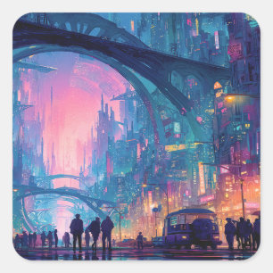 Futuristic Cyberpunk Cityscape with Glowing Arches Square Sticker