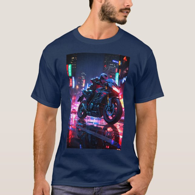 Futuristic Cyberpunk Motorcycle Rider T-Shirt (Front)