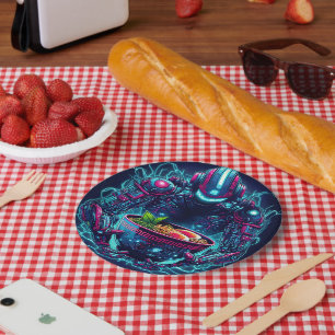 Futuristic Cyberpunk Robot Neon Food Ramen Paper Plate