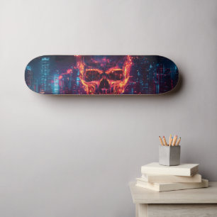 Futuristic Cyberpunk Skull with Cityscape Skateboard