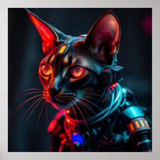 Futuristic cyborg cat on black background in cyb s poster