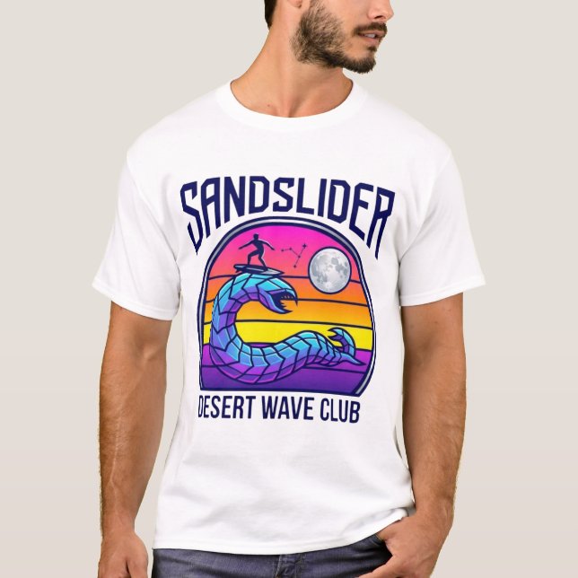 Futuristic Desert Worm Surf Club Synthwave T-Shirt (Front)