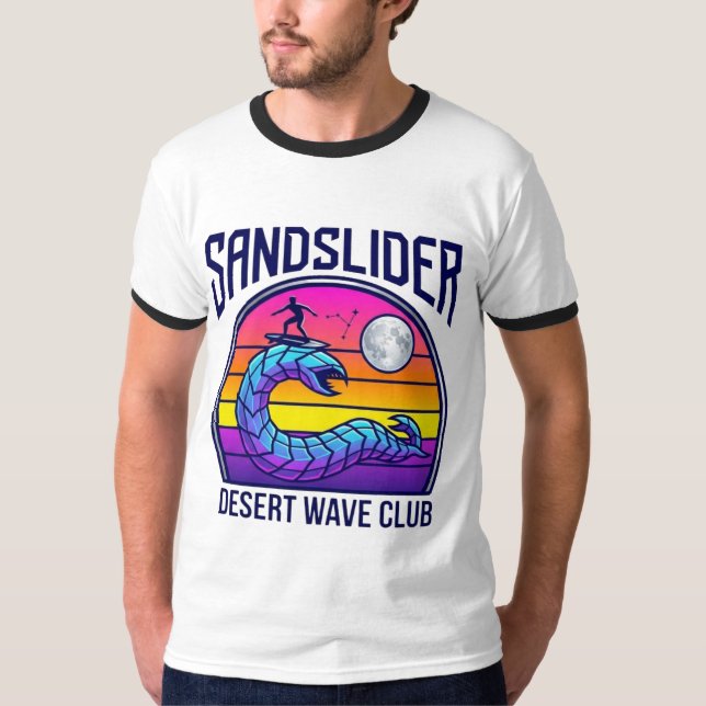 Futuristic Desert Worm Surf Club Synthwave T-Shirt (Front)