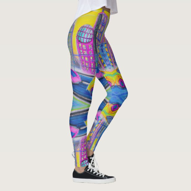 Futuristic Dreams: Pink Pastel Cityscape Leggings (Right)