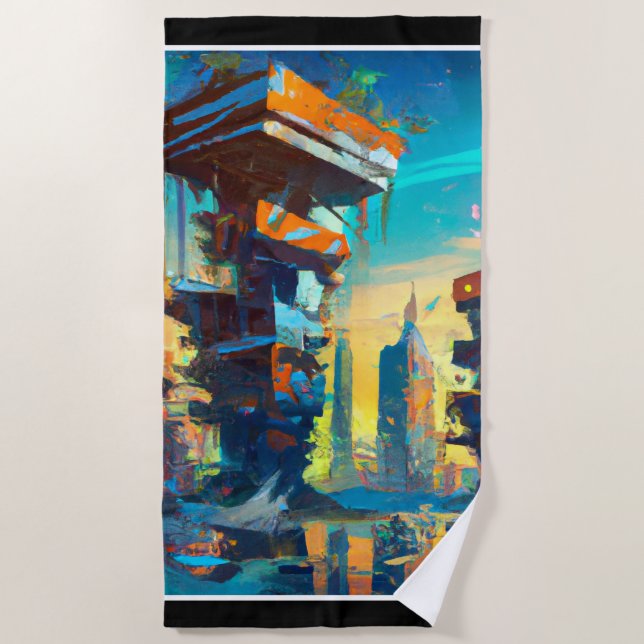 Futuristic Dystopian City, AI Generated Painting Beach Towel (Front)