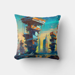 Futuristic Dystopian City, AI Generated Painting Cushion