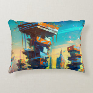 Futuristic Dystopian City, AI Generated Painting Decorative Cushion