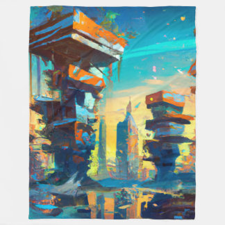 Futuristic Dystopian City, AI Generated Painting Fleece Blanket