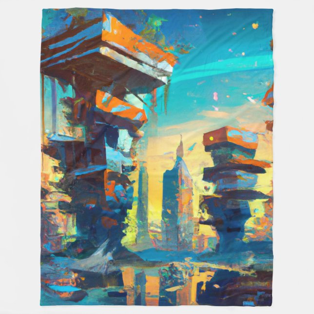 Futuristic Dystopian City, AI Generated Painting Fleece Blanket (Front)