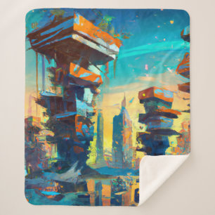 Futuristic Dystopian City, AI Generated Painting Sherpa Blanket