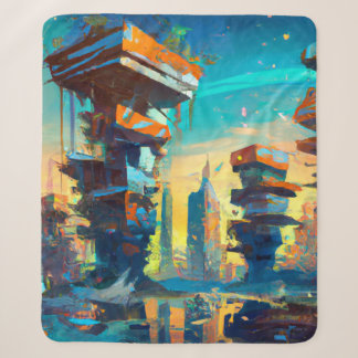 Futuristic Dystopian City, AI Generated Painting Sherpa Blanket