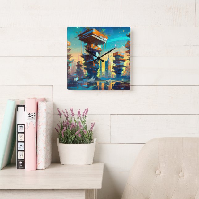 Futuristic Dystopian City, AI Generated Painting Square Wall Clock (Reading Room)