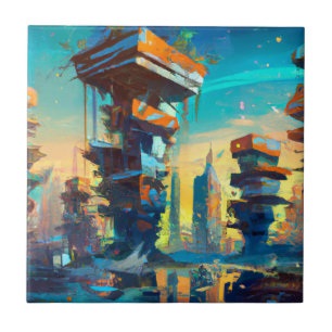 Futuristic Dystopian City, AI Generated Painting Tile