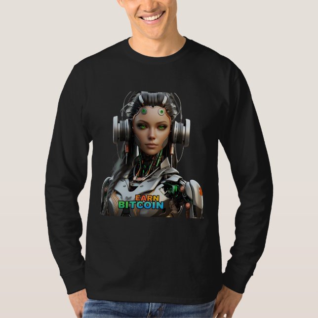 Futuristic "EARN BITCOIN" AI Robot T-Shirt (Front)