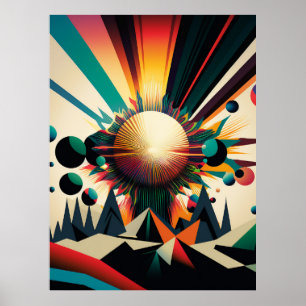 Futuristic Earth and Sun Line Art Retro Wall Art