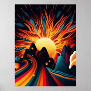 Futuristic Earth and Sun Line Art Retro Wall Art
