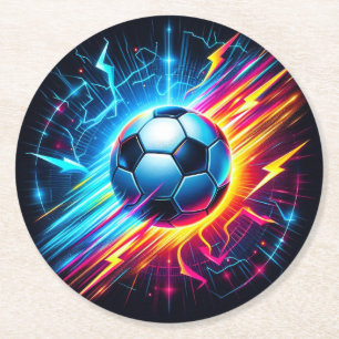 Futuristic Electric Football Soccer Ball Lightning Round Paper Coaster