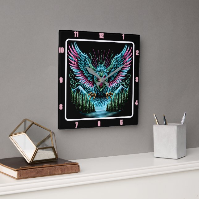 Futuristic Falcon Neon Illusion Effects Square Wall Clock (Office)