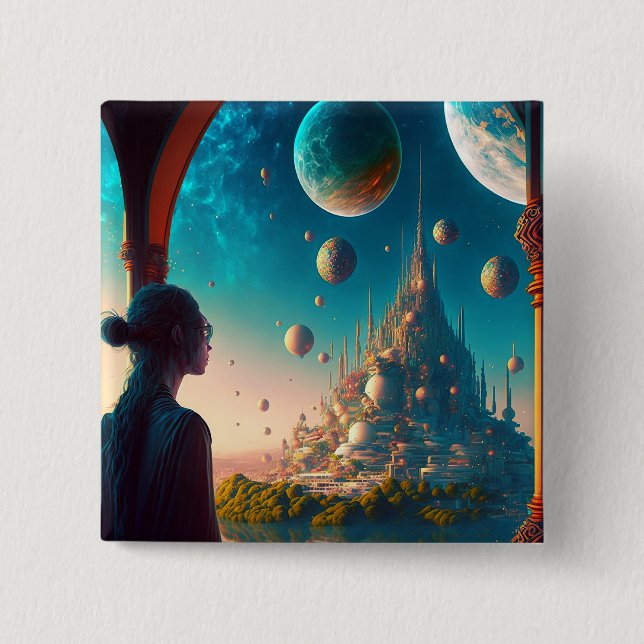 Futuristic Fantasy Castle Landscape Button (Front)