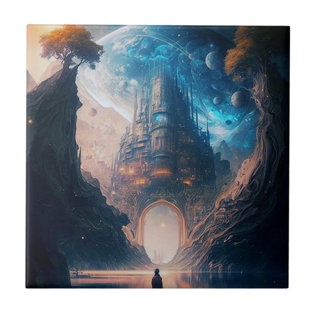 Futuristic Fantasy Castle Landscape Ceramic Tile (Front)