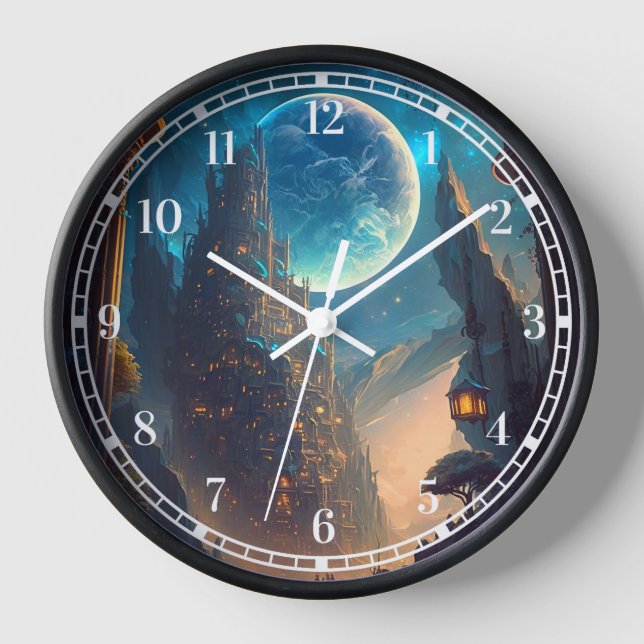 Futuristic Fantasy Castle Landscape Clock (Front)