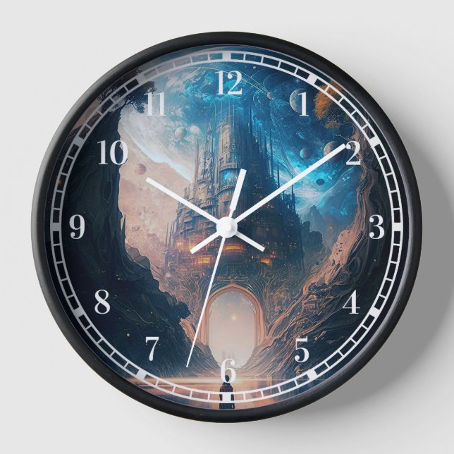 Futuristic Fantasy Castle Landscape Clock (Front)