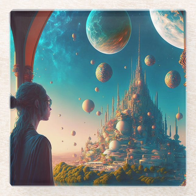 Futuristic Fantasy Castle Landscape Glass Coaster (Front)