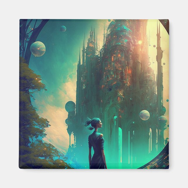 Futuristic Fantasy Castle Landscape Magnet (Front)
