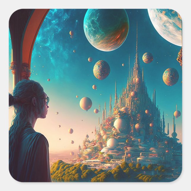 Futuristic Fantasy Castle Landscape Square Sticker (Front)